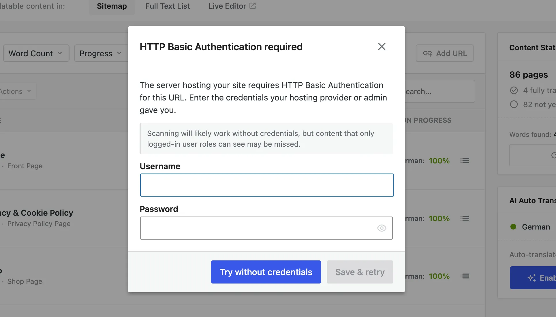 The HTTP Basic Authentication dialog — username and password fields with Save & retry