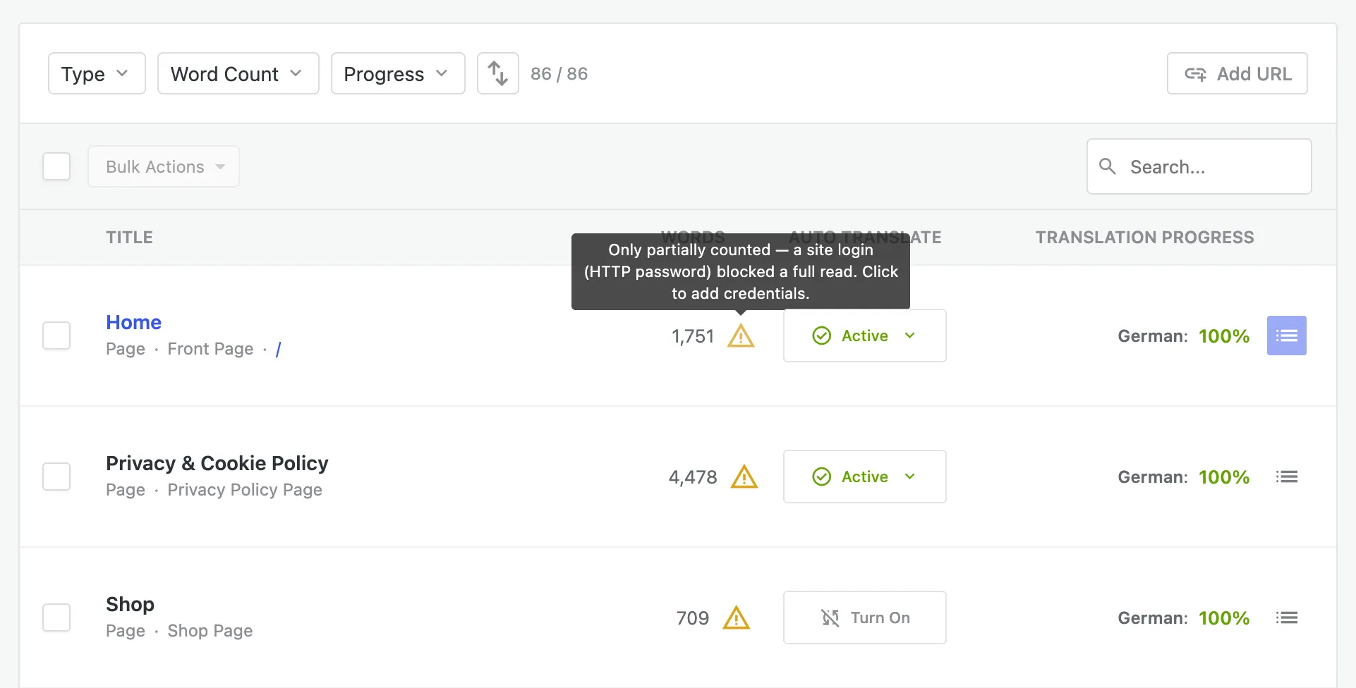 A warning icon beside a page's word count on the Sitemap, indicating an HTTP login blocked a full read