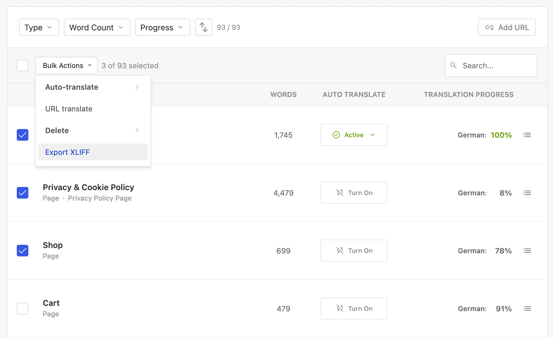 Bulk Actions on the Sitemap with rows selected and Export XLIFF highlighted