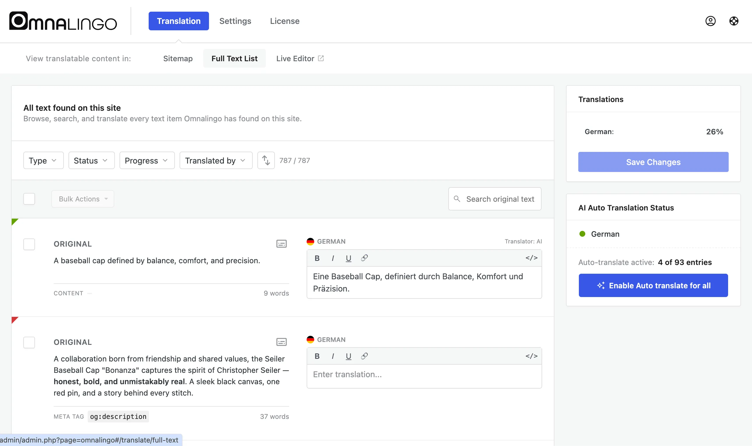 The Full Text List: every string on the site with original text and inline translation fields