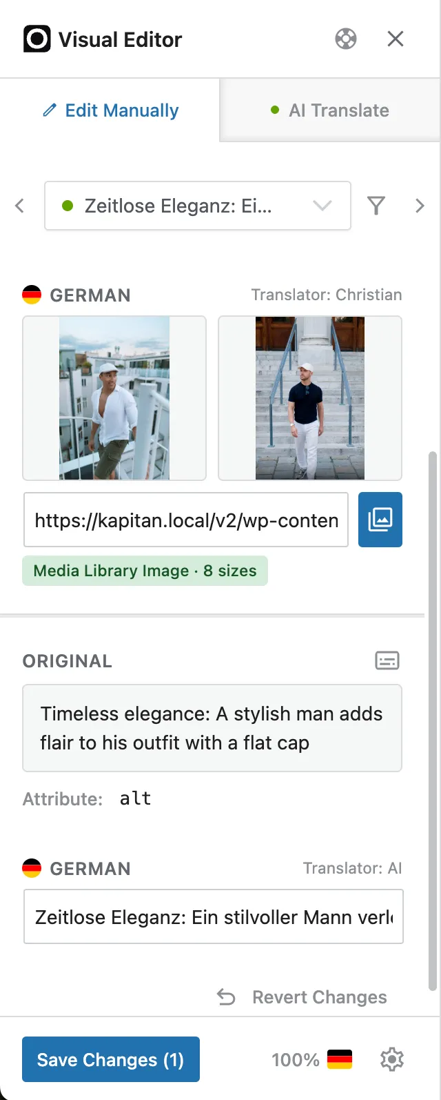 Image translation in the Visual Editor: the original and replacement image side by side, a Media Library picker, and the alt-text fields