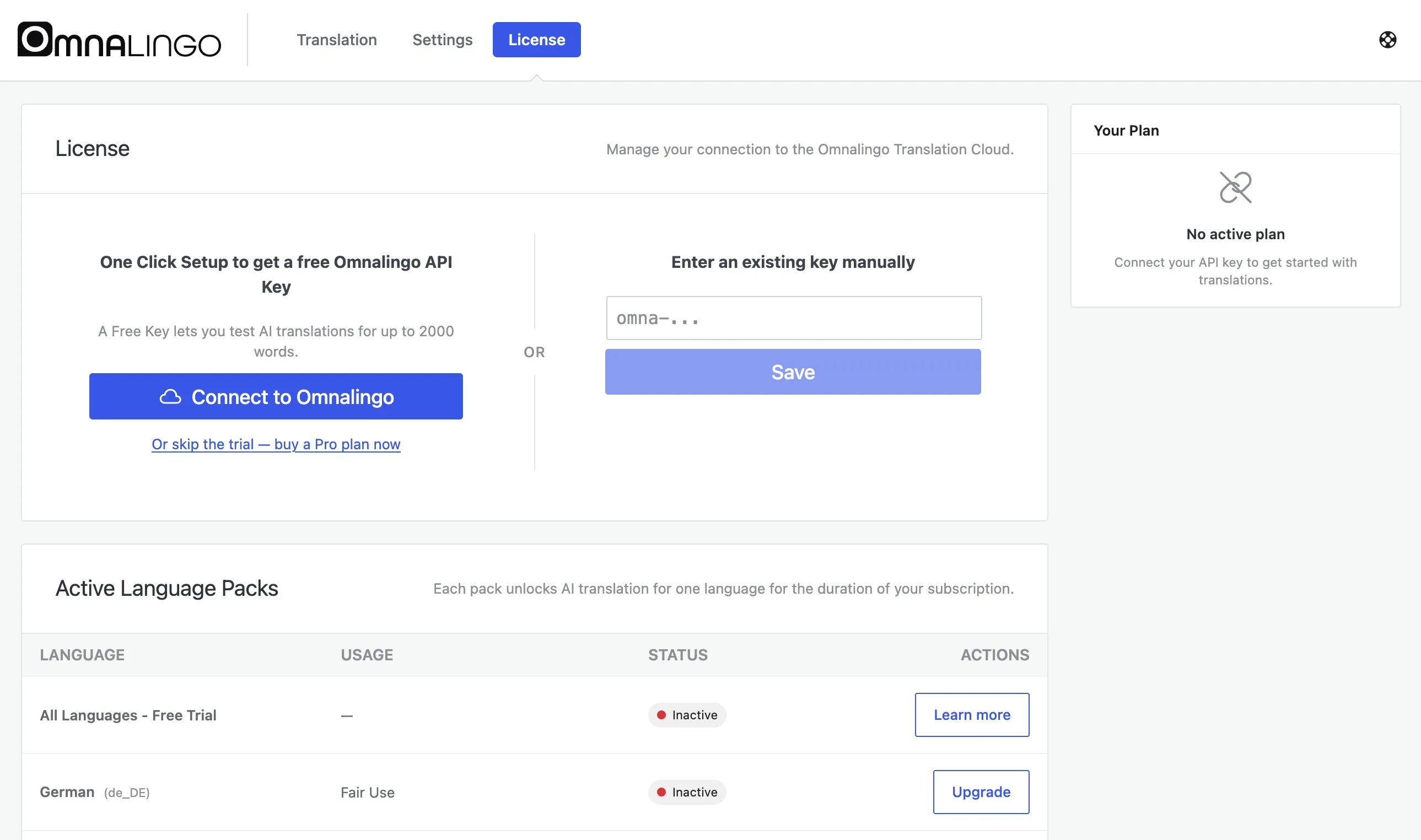 The License screen: One Click Setup to get a free Omnalingo API key, with a Connect to Omnalingo button