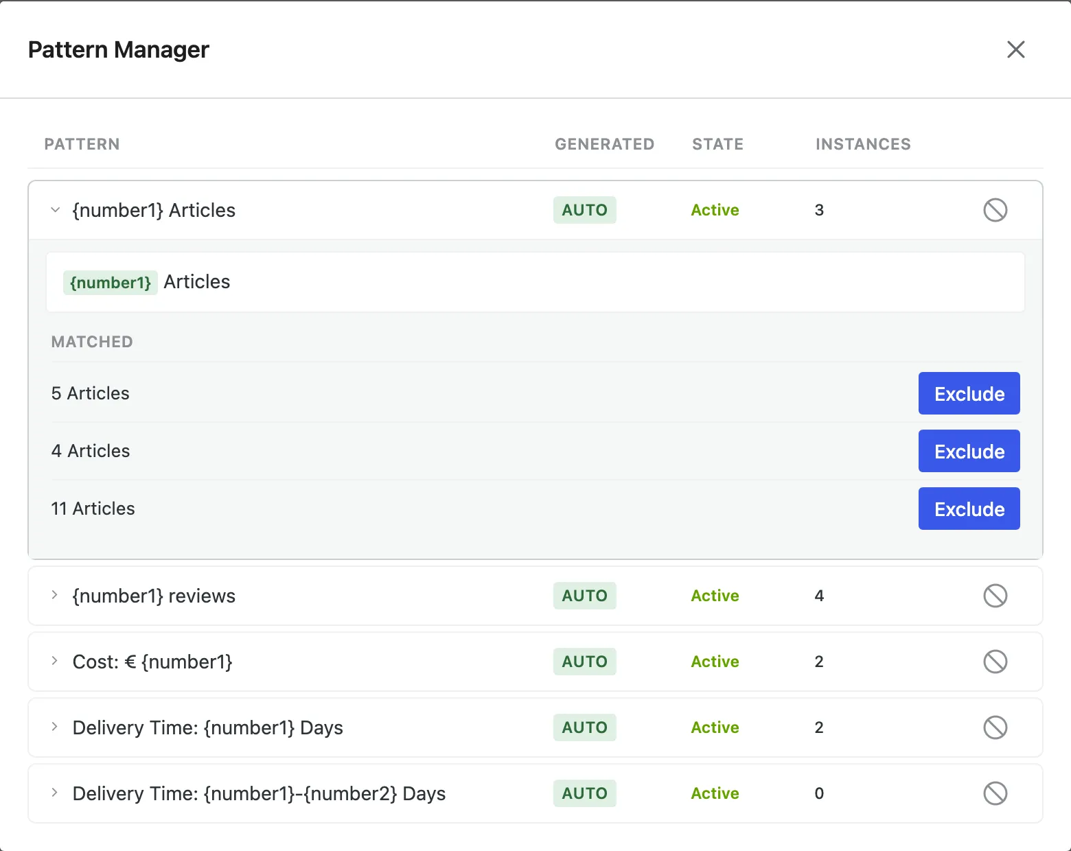 The Pattern Manager listing five patterns, with one expanded to show its matched instances
