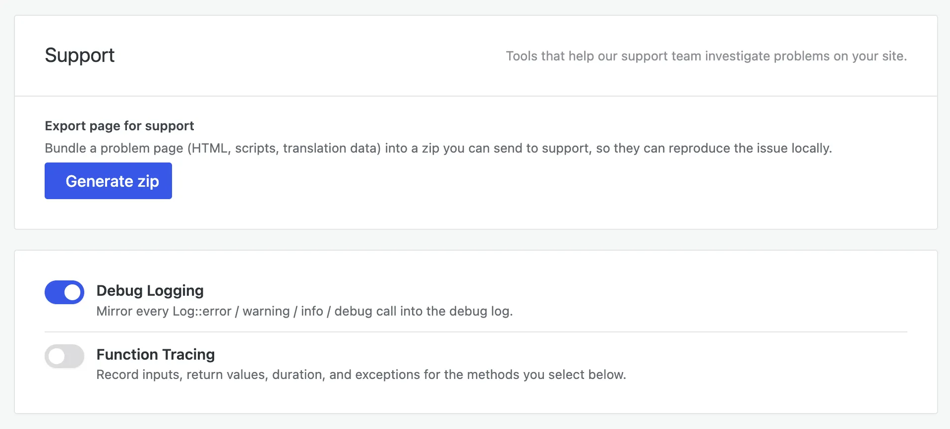 The Debugging tab: Export page for support, Debug Logging, and Function Tracing