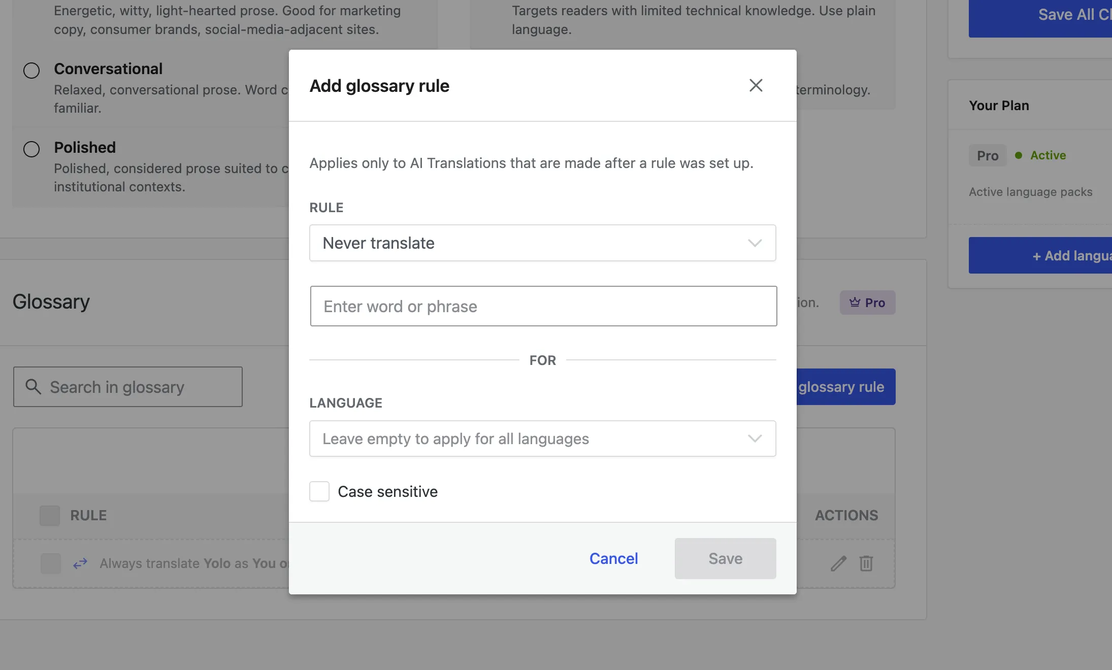 The Add glossary rule dialog: rule type, the word or phrase, language, and case sensitivity