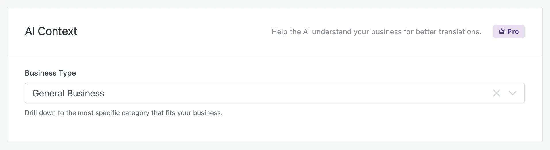 The AI Context setting: a Business Type category picker