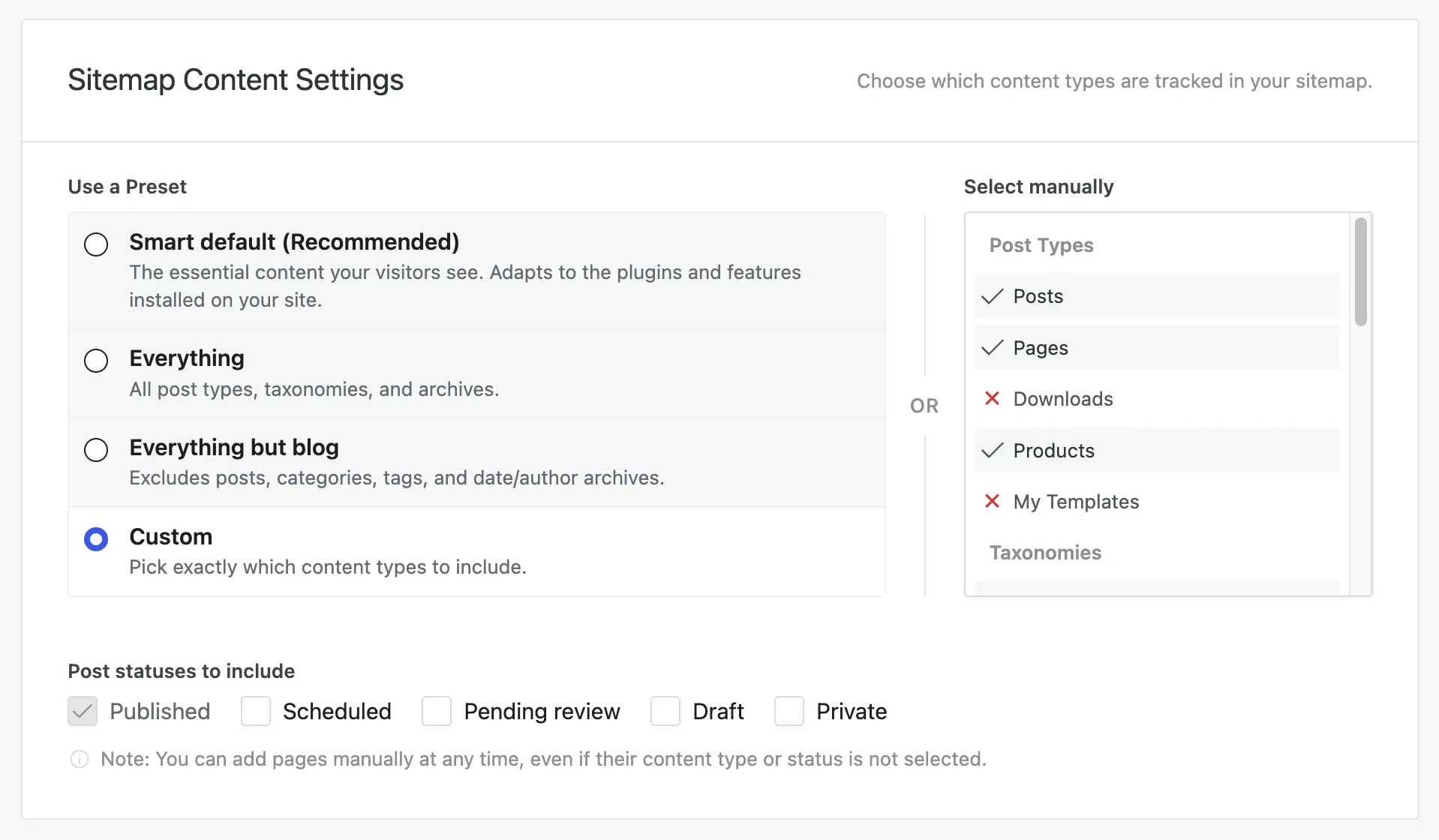 Sitemap Content Settings: presets, manual post-type and taxonomy selection, and post statuses