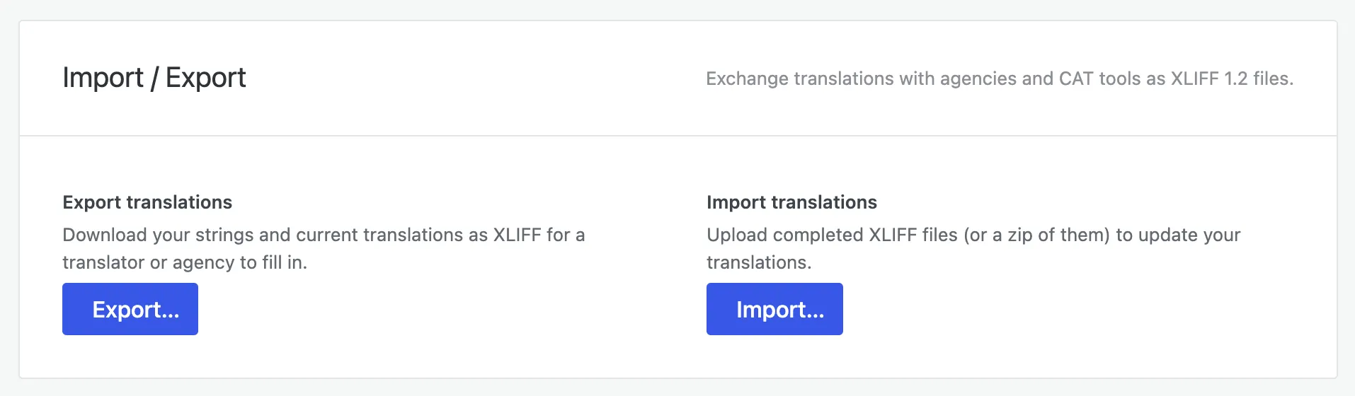 The Import / Export panel: Export translations and Import translations, as XLIFF 1.2