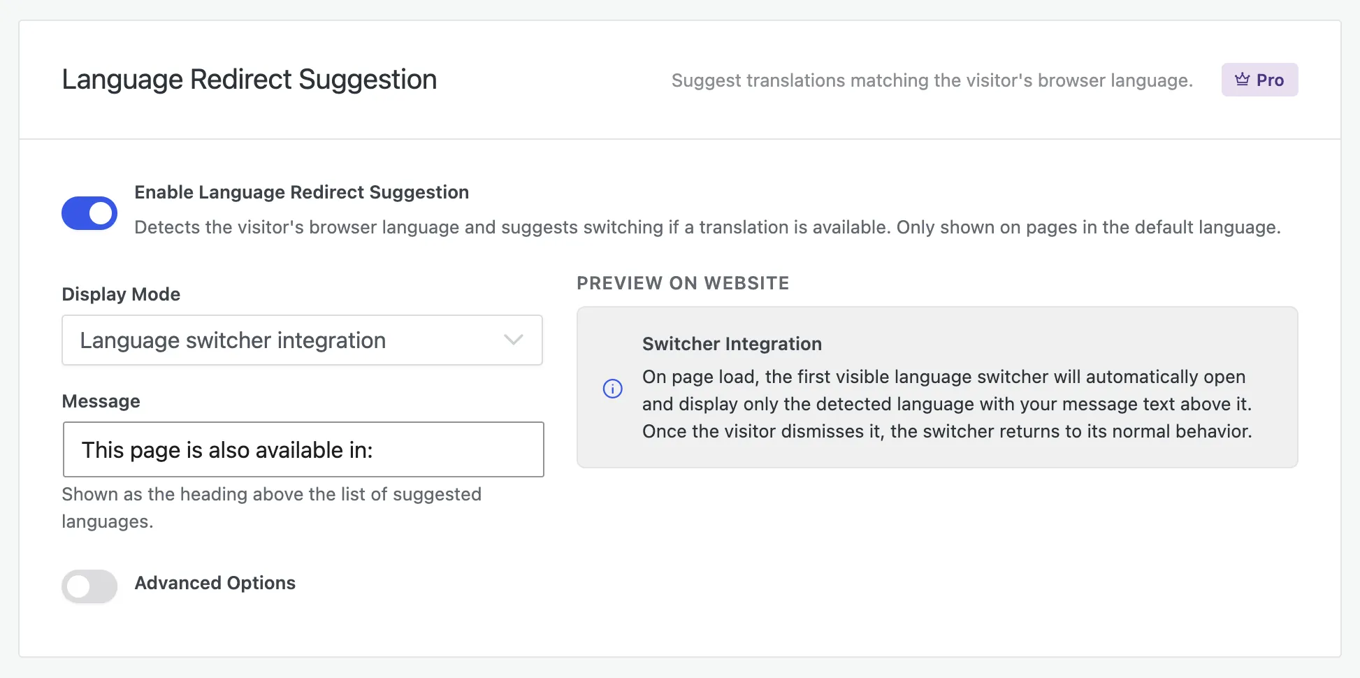 Language Redirect Suggestion settings: enable toggle, display mode, message, and a preview