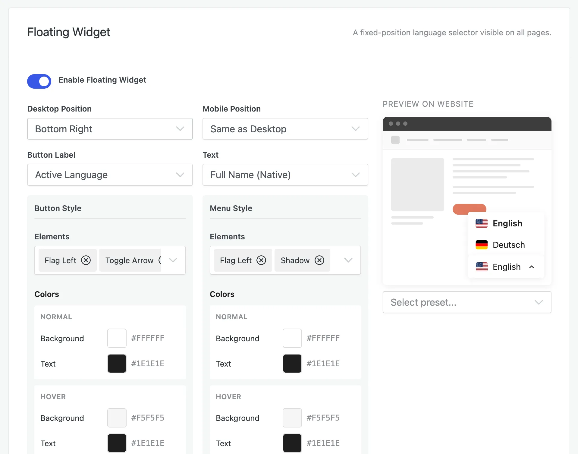 The Language Switcher settings: position, labels, element and color controls, and a live preview