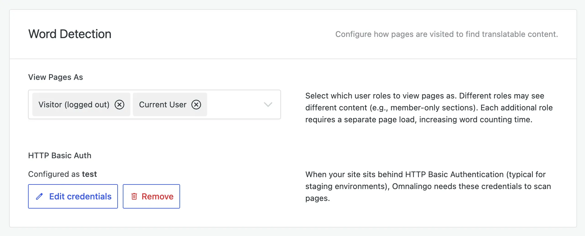 Word Detection: a View Pages As role picker and an HTTP Basic Auth section for staging sites