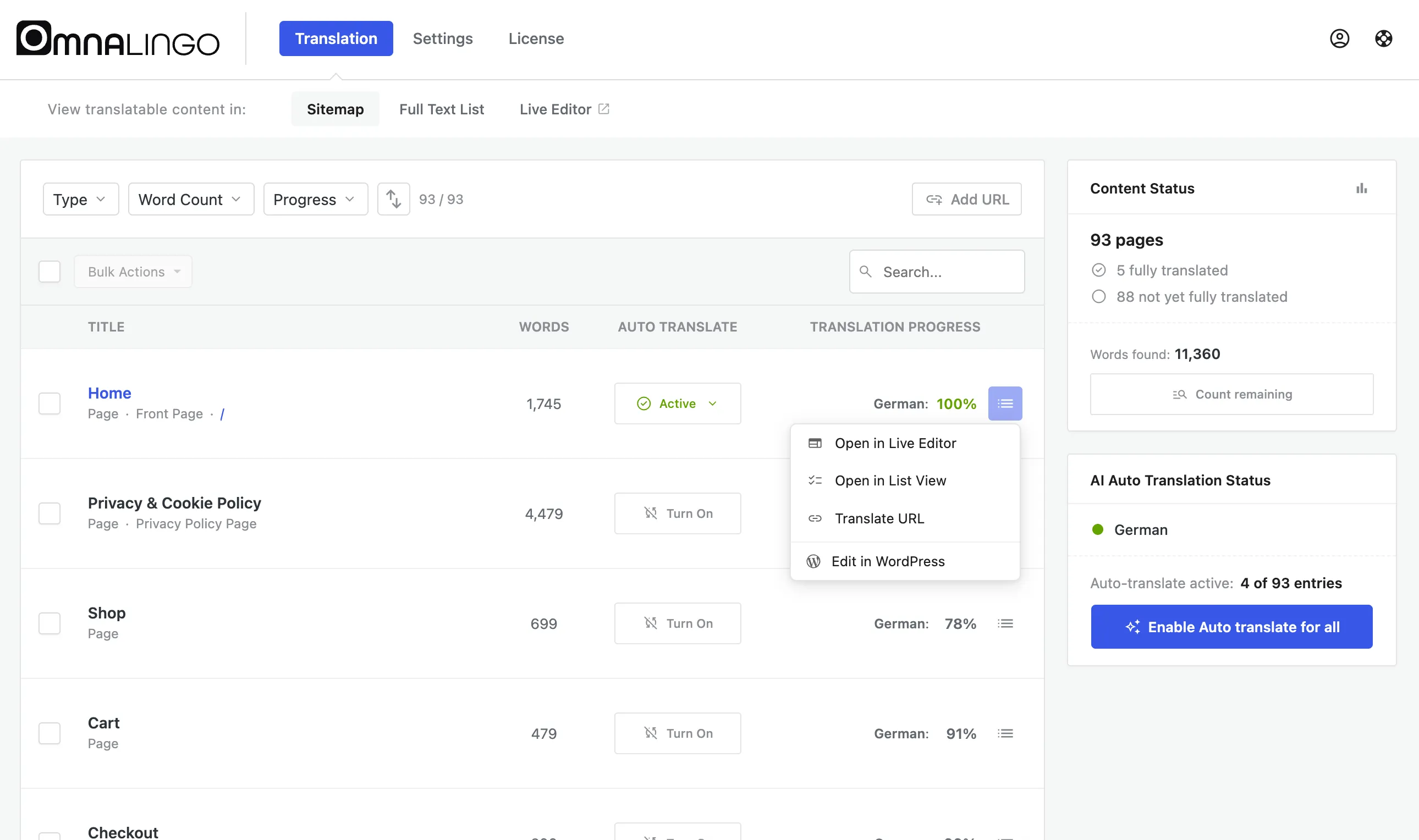 A Sitemap row's actions menu: Open in Live Editor, Open in List View, Translate URL, Edit in WordPress