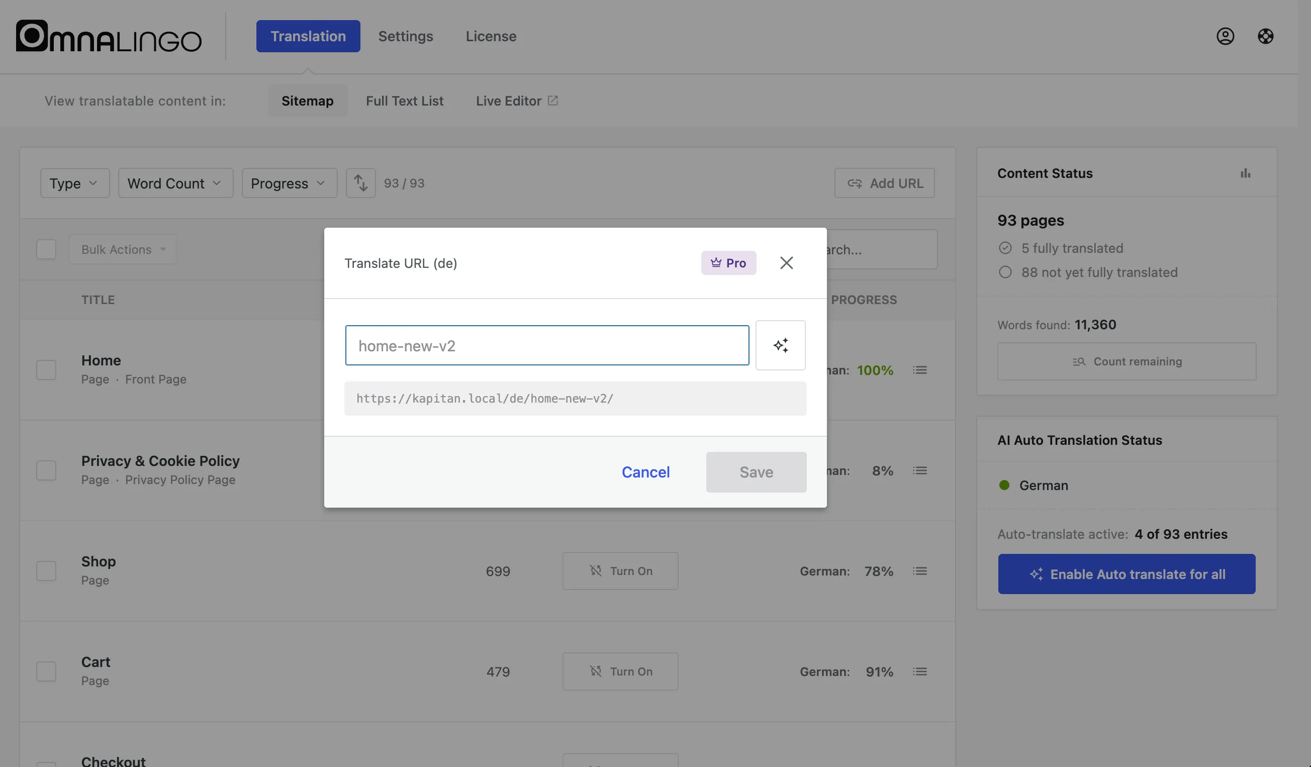 The Translate URL dialog: a slug field with an AI generate button and a live URL preview