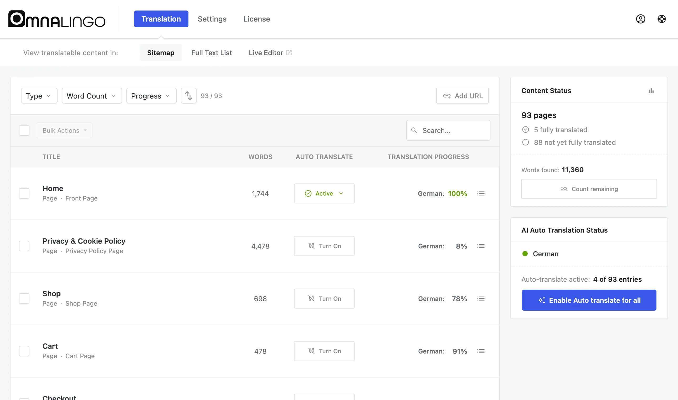 The Sitemap with per-page Auto Translate toggles and an Enable Auto translate for all button