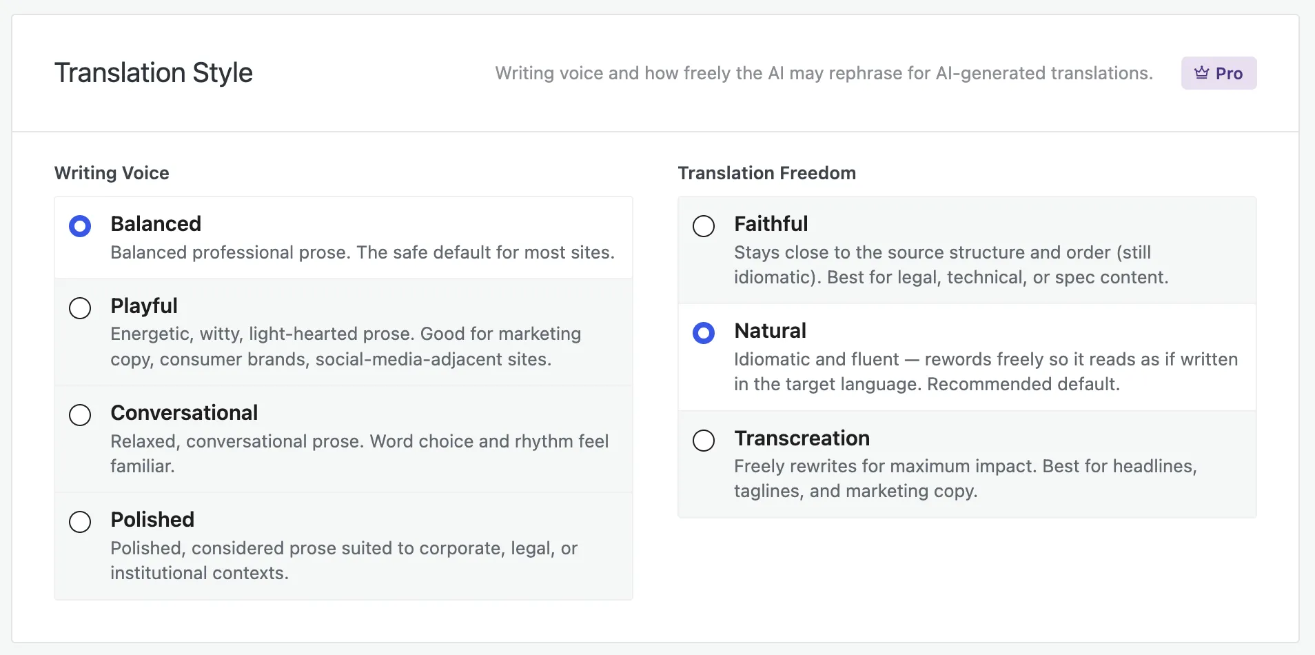 The Translation Style setting: Writing Voice and Translation Freedom options