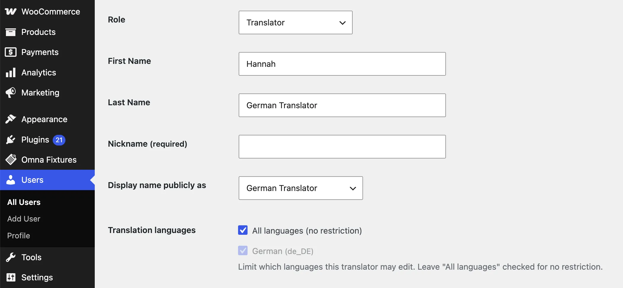 The Translation languages option on a user's profile, limiting which languages they can edit