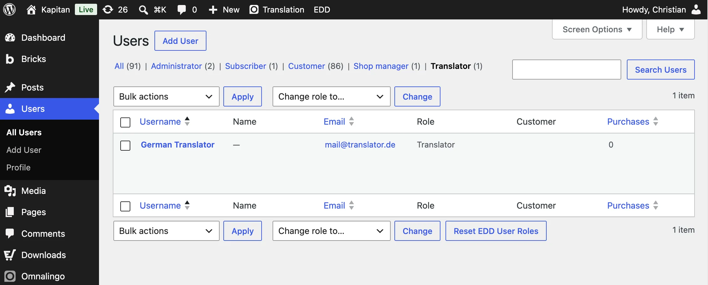 The WordPress Users screen with a user assigned the Translator role