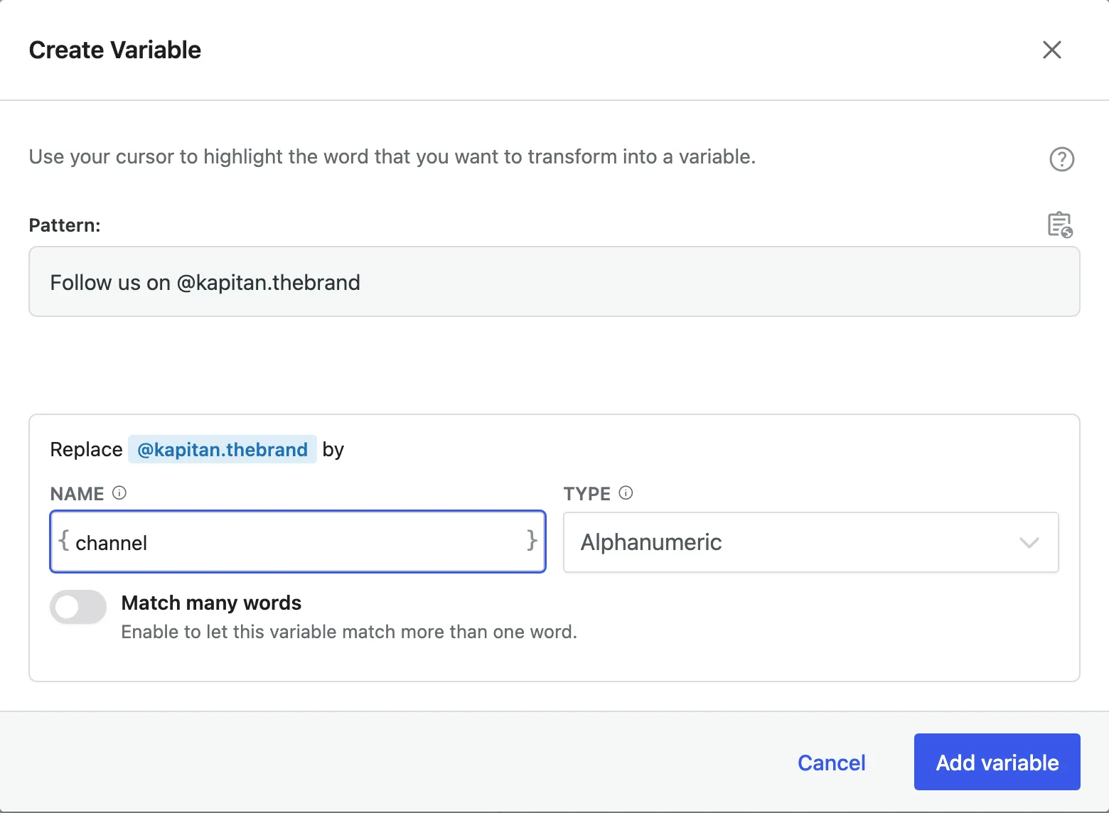 Naming the variable channel and setting its type to Alphanumeric