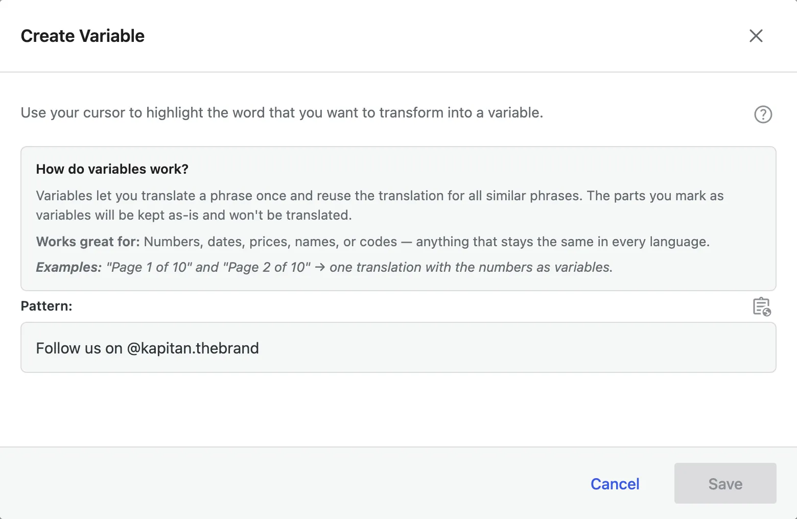 The Create Variable dialog with its built-in explanation of how variables work