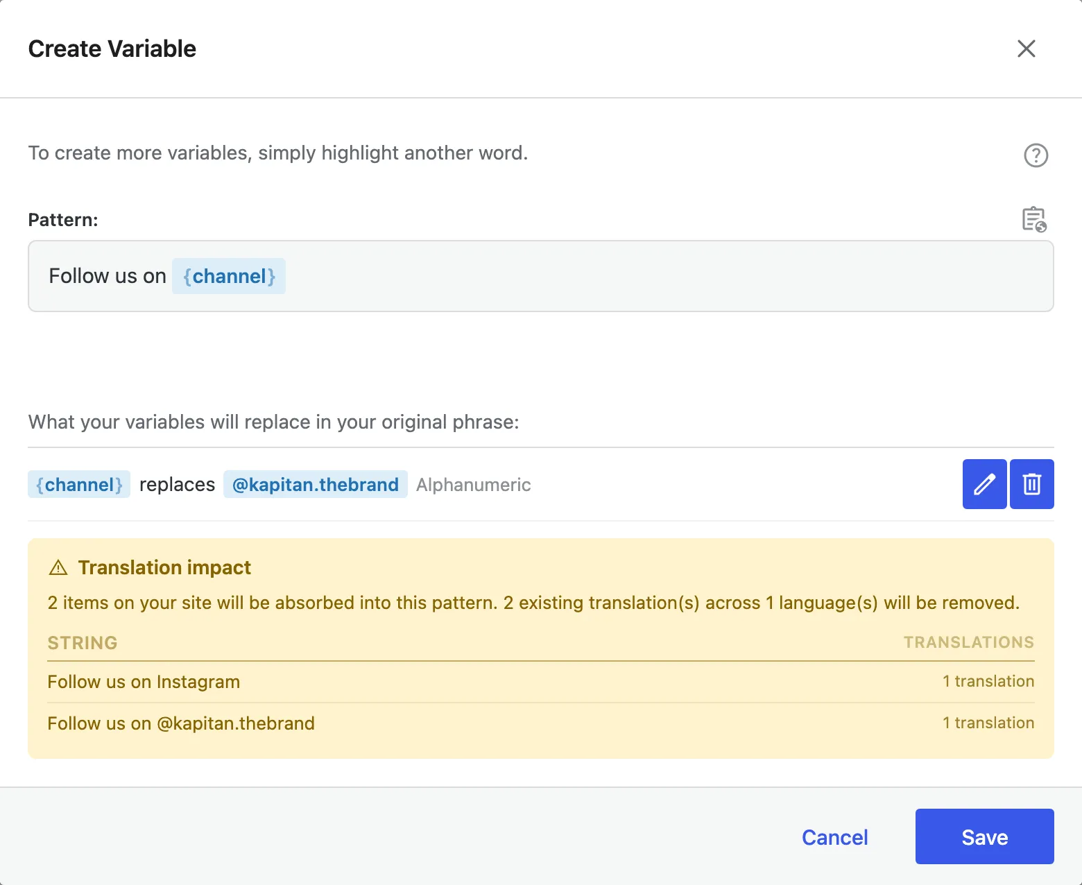 The translation impact panel listing both Follow us on strings and the two translations that will be removed