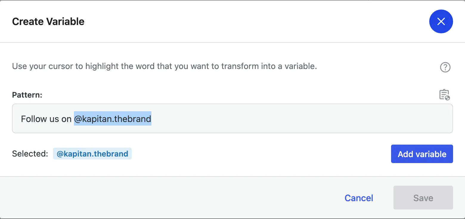 The handle @kapitan.thebrand highlighted inside the phrase, ready to become a variable