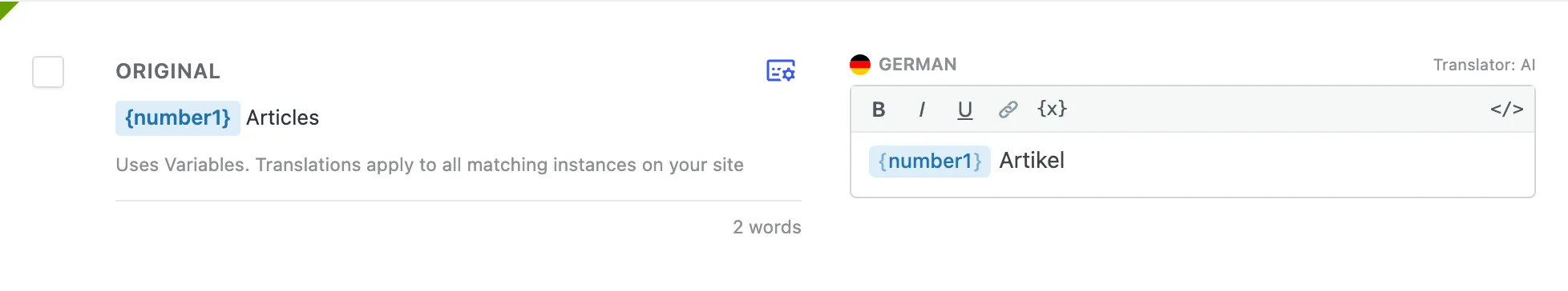 A pattern row showing the original number1 Articles and its German translation number1 Artikel