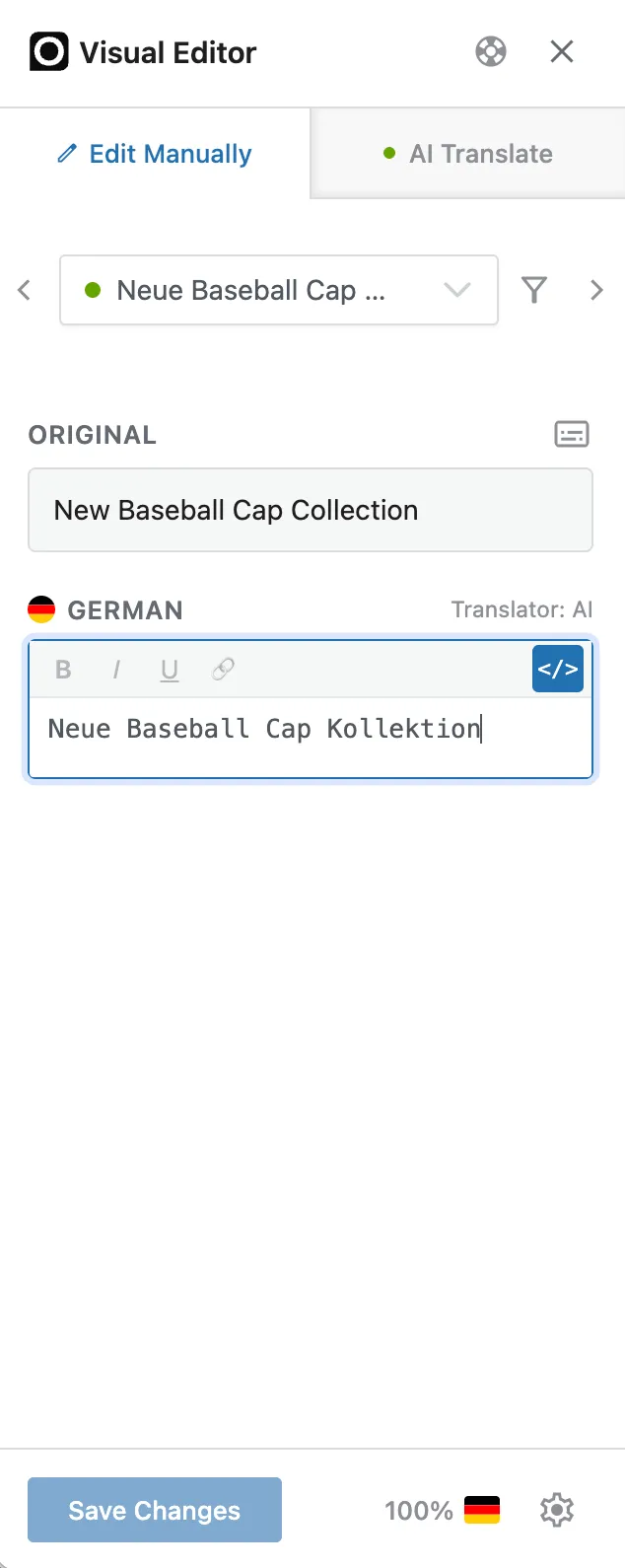 Editing a string: ORIGINAL above, the German translation below with a rich-text toolbar