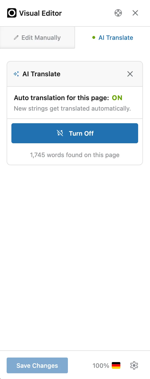 The AI Translate tab: auto translation for this page is ON, with a Turn Off button