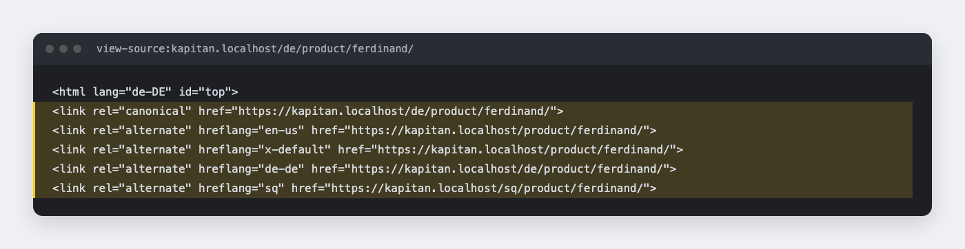 Page source of a German product page showing lang de-DE, a self-referencing canonical tag and hreflang tags for English, x-default, German and Albanian
