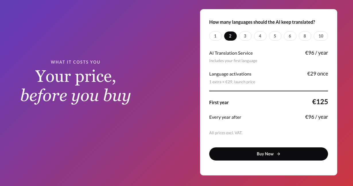 Omnalingo pricing calculator set to two AI languages: AI Translation Service 96 euros per year, one extra language 29 euros once, 125 euros in the first year and 96 euros every year after