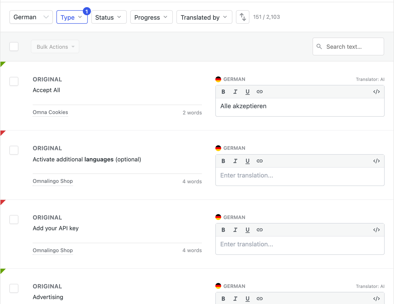 Omnalingo Full Text List filtered to theme and plugin strings, showing the cookie button Accept All translated to Alle akzeptieren with its source plugin