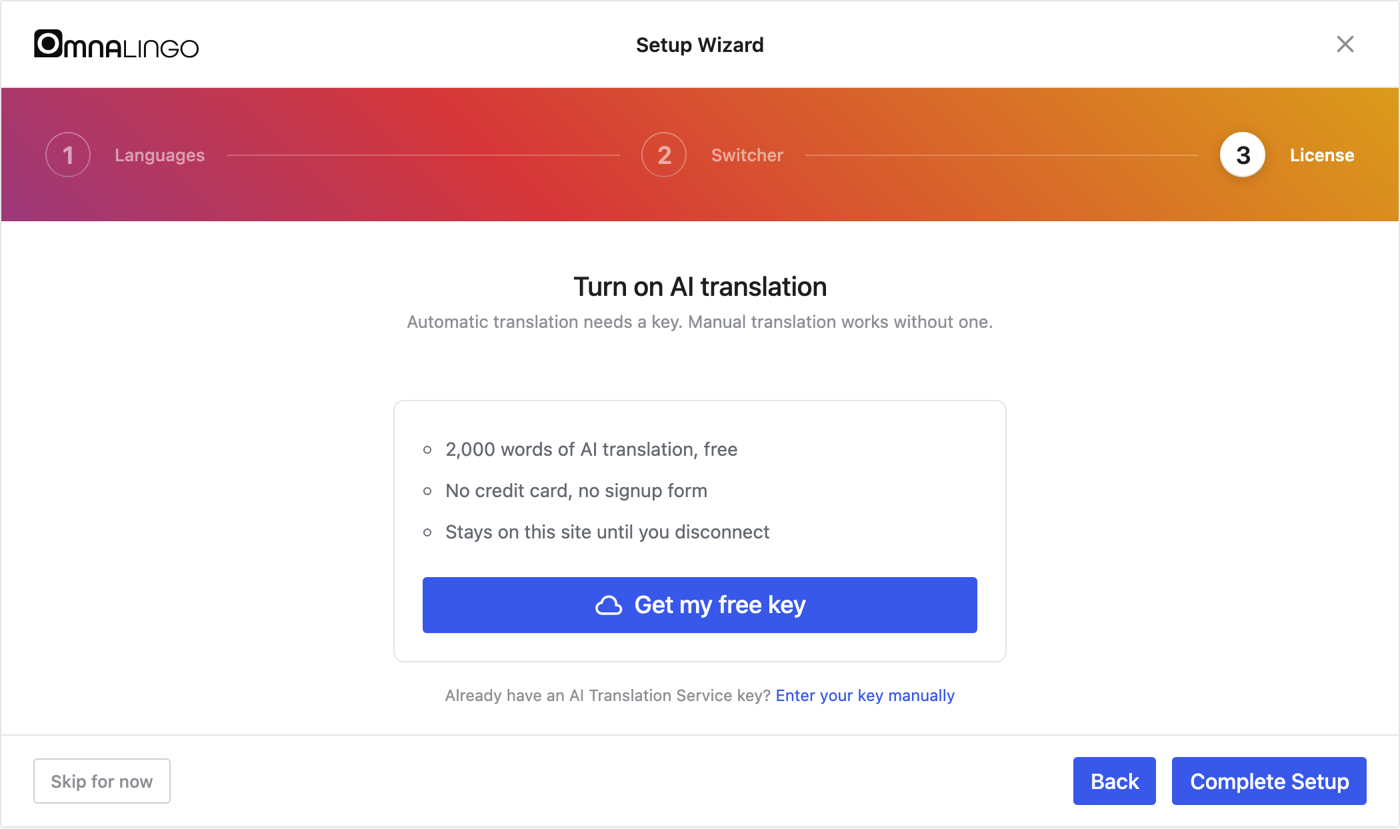 The license step of the Omnalingo setup wizard with a Get my free key button and a link to enter an AI Translation Service key manually